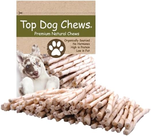 Top Dog Chews - Torsiones naturales para perros de cuero crudo (paquete de 100), palitos masticables naturales para dientes sanos y perros felices,