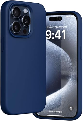 Image of eller sante Silicone Back Cover Case for iPhone 15 Pro Shockproof Scratch Resistant Slim Fit Protective Design Military-Grade Protection Support Mag-Safe Wireless Magnetic Charging- Navy Blue
