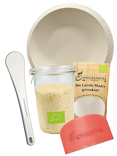 Bäckerei Spiegelhauer Juego de repostería de pan I de cristal de masa madre de 850 ml + cesta de fermentación + Bio Lievito Madre 200 g + espátula