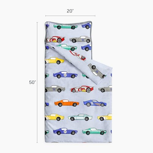 Image of Wake In Cloud - Toddler Nap Mat with Pillow and Blanket, for Kids Boys Ages 3 Plus in Kindergarten Daycare Preschool, Roll Up Sleeping Bag, Race Cars Vehicles