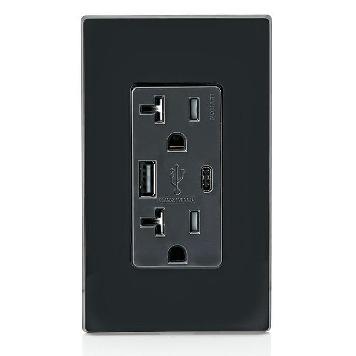 Image of Leviton Type A & Type-C USB In-Wall Charger with 20A Tamper-Resistant Outlet, USB Charger for Smartphones and Tablets. Not for Laptops, T5833-E, Black