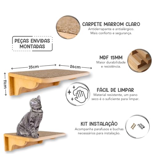 Prateleira para Gatos 2Pçs Tam G Resistente Já Montado Com Kit Fixação e Seguro (Carpete Marrom)