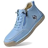 Dasongff Chaussures en cuir pour femme Automne et hiver Coutures faites à la main Hauteur à lacets Chaussures pieds nus avec fermeture éclair Antidérapantes Décontractées Larges pieds Mocassins