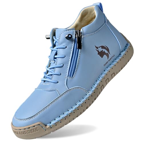 Lederschuhe für Damen, Herbst und Winter, handgefertigte Nähte, Schnürung, Barfußschuhe, mit Reißverschluss, rutschfest, lässig, breite Füße, Mokassins, blau, 40 EU