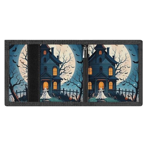 Haunted House Tree Witch Halloween Trifold Wallet for Men - Money Clip Slim Wallets with Multiple Card Slots Minimalist Small Front Pocket Wallet for Everyday Carry4
