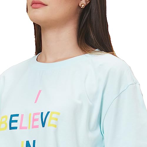 Image of Globus Women Blue Printed Round Neck Casual Boxy Fit T-shirt-3638180001