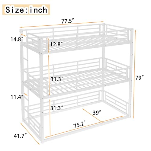Image of Twin Over Twin Over Twin Bunk Bed with Safety Guardrails, Modern Metal Triple Bed Frame for Kids, No Box Spring Required, White