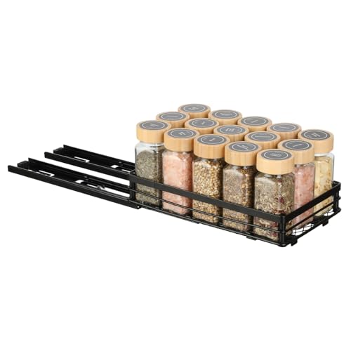 Cozary Gewürzregal Ausziehbar Ausziehbares Gewürzregal 26x15x5.5cm Küchenschrank Organizer aus Metall Mehrfunktional Küchenregal Gewürzregal Unterschrankregal Spülschrankregal Schwarz