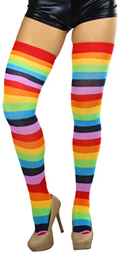 Image of ToBeInStyle Women's Bright Vibrant Rainbow Striped Thigh High Rave Stockings