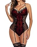 Avidlove Lingerie for Women Sexy Bodysuit Lingerie with Garters Lace Teddy Babydoll Bodysuit Red, S