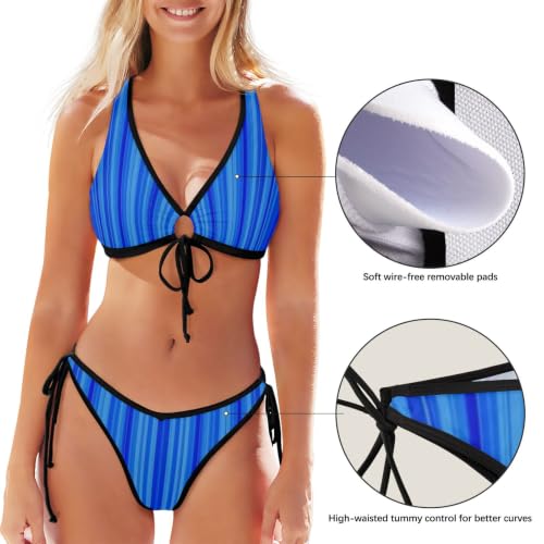 Bikini nouer devant à rayures bleu vif ensemble réglable en polyester spandex