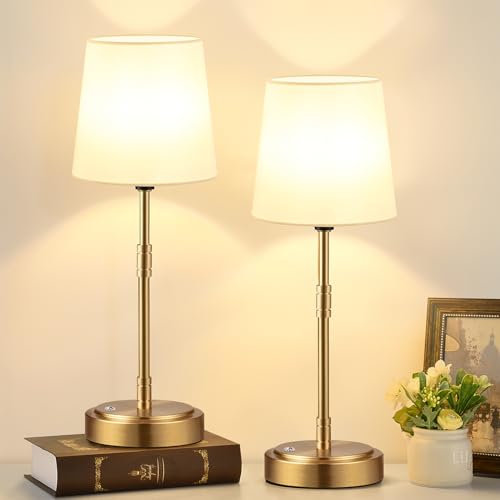 Cordless Table Lamps Set of 2 – Battery Operated Lamp with 7500mAh Rechargeable Battery, Stepless Dimmable Vintage Brushed Gold Desk Wireless Lamps for Dining Room, Nightstand & Patio (Bulbs Included)