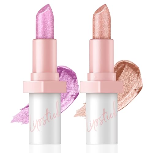 2 Pcs Glitter Lipstick, Pink Shimmer Lipstick, Metallic High Impact Long Lasting Lipsticks for Women Party & Daily Makeup