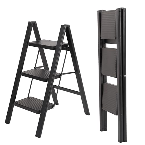 Step Ladder 3 Step Folding Ladder with Wide Anti-Slip Pedal Alloy Steel Stepladder Lightweight Ladder for Home and Office Use（Black