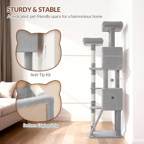 Fobyfurny Cat Tree for Indoor Cats, 178 cm Cat Tower, Multi-Level Cats Climbing Frame with Scratching Posts, Scratch Board, 2 Comfy Condos, 2 Perches, Pompoms, Rest Place, Light Grey FPMS005FG1 - Image 7