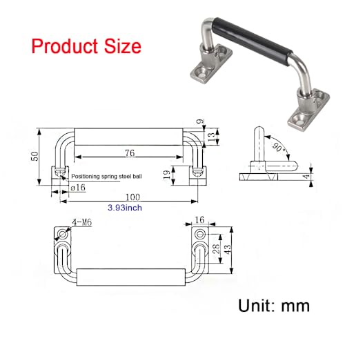 Image of 304 Stainless Steel Folding Handle 90 Degree Folding Solid Pull with Rubber, Electric Cabinet Pull Industrial Cabinet Handle, Toolbox Handle (Four Hole, Hole Center 3.93 in)