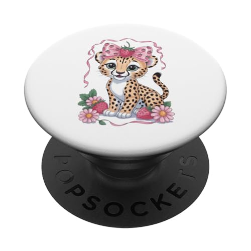 Guépard Fraise Coquette Noeud Anniversaire Fille Enfant Léopard PopSockets PopGrip Adhésif
