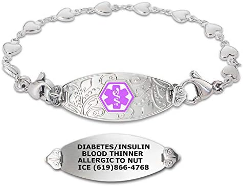 Divoti Custom Engraved Medical Alert Bracelets for Women, Stainless Steel Medical Bracelet, Medical ID Bracelet w/Free Engraving – Lovely Filigree Tag w/Heart Link – Color/Size