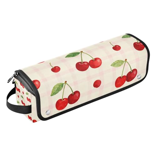 Bolso de viaje para herramientas de cabello para mujer con tapete térmico removible resistente al calor, impermeable, organizador de viaje para planchas, rizadores y secadores de cabello, con diseño de cereza fresca y patrón rosa a cuadros miniatura 1