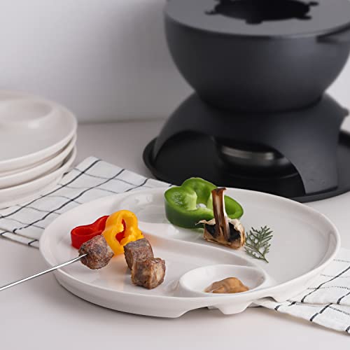 Artestia Fondue Divided Plates Set of 4, 9.84 Inch Round Ceramic Fondue Dishes with Dipping Saucer for Serving Fondue Food, Sauce and Condiments, Microwave Dishwasher Safe - Thumbnail 3