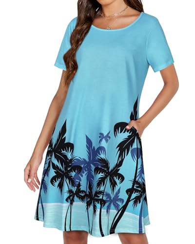 Image of Womens Summer Dresses Beach Casual Loose Tshirt Floral Short Sleeve Flowy Pockets Sundresses 2026