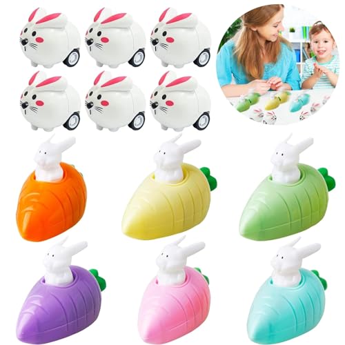 Aufziehbare Hasen, 12 Stück Kaninchen Auto Set, Hasen Uhrwerk Spielzeugauto, Aufziehbare Hasen mit Karotte, Osterhasen Aufziehspielzeug, Oster Ziehen Autos, Ostergeschenke für Kinder Jungen Mädchen
