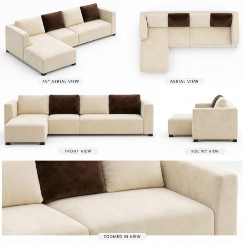 Image of FURNY Olympus 8 Seater LHS L Shape Sofa Set | Plush Velvet Suede Fabric | Modern Design | Soft Comfort Dual Color Cushions for Living Room, Office & Hotels (Cream-Dark Brown)