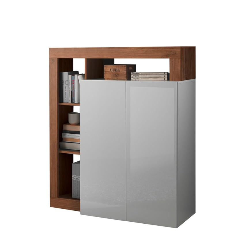 Buffet haut meuble cuisine 2 portes blanc brillant bois noyer Blume MR
