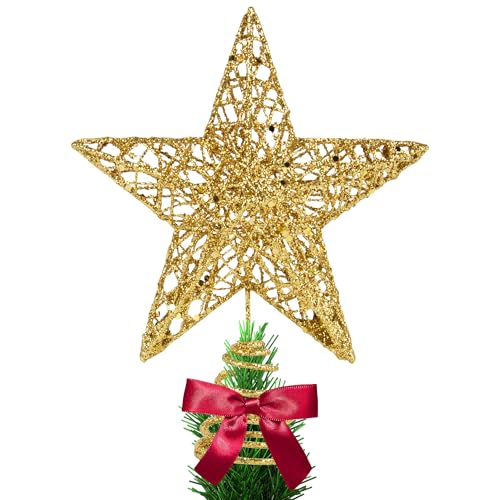 KEYIDO Christmas Tree Topper, Gold 3D Hollow Glitter Tree Star, 8 Inch Metal Christmas Treetop Star for Xmas Tree Topper Ornaments Christmas Home Decorations