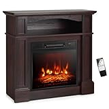 GOFLAME 32' Electric Fireplace with Mantel and Remote Control, Freestanding Mantel Fireplace Heater with 3 Flame Brightness, Thermostat, 6H Timer, Overheat Protection, CSA Certified, 1400W (Brown)