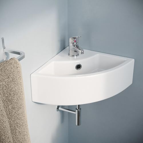 Tulla 465 x 325mm Small Quarter Corner Wall Mounted Basin with Mono Mixer Tap and Waste Including P Trap Waste