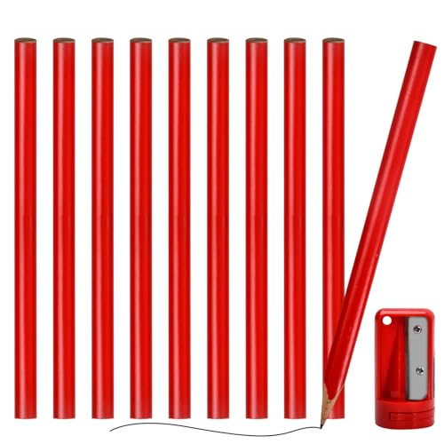 Wisebom Carpenter's Pencil Set, Professional Builders Pencils HB 175mm with Sharpener (Oval), Red
