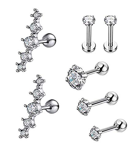 YOVORO 7Pcs 16G Stainless Steel Cartilage CZ Stud Earrings for Women Helix Tragus Daith Piercing Jewelry S1