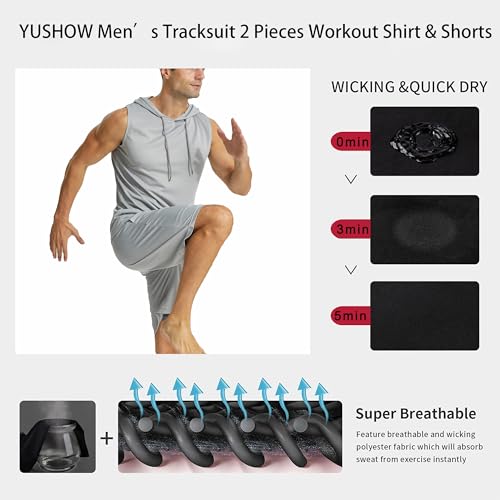 YUSHOW Conjunto esportivo masculino de 2 peças, com capuz, manga curta, shorts de corrida e bolso, s