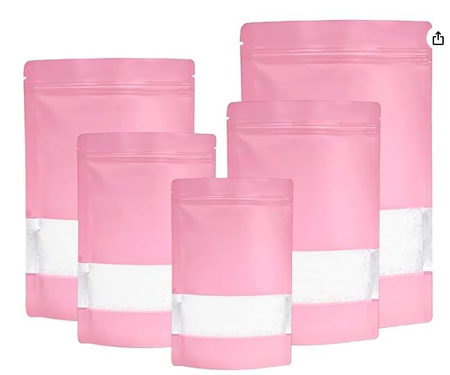 XFXIA 100 Pack Mylar Bags Smell Proof Bags, Foil Ziplock Baggies,Resealable Stand Up Packaging Pouch Bags for Food Storage,Candy,Cookie,Bath Salts (Black) (Pink With Window, 14 x 22 cm)