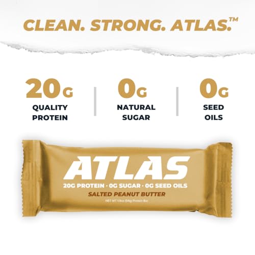 Image of Atlas Real Food Protein Bar - 20g Protein, 11g Fiber, 1g Sugar, No Seed Oils, No Artificial Sweeteners (Salted Peanut Butter, 60 Count)
