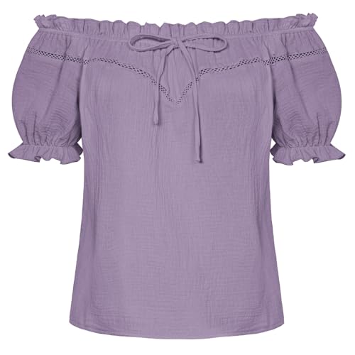 Peasant Blouse for Women Off Shoulder Puff Sleeve Cotton Loose Summer Tops Taro Purple 2XL