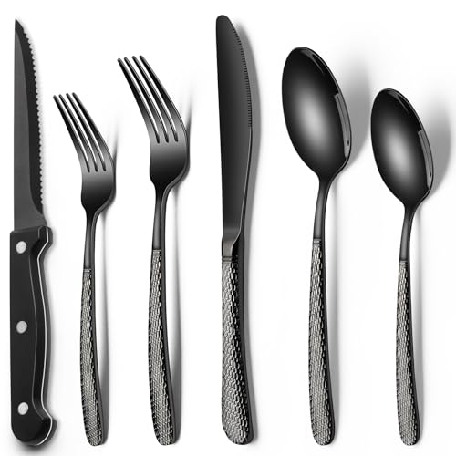 Image of EWFEN 24-Piece Black Silverware Set with Steak Knives, Black Flatware Set for 4, Food-Grade Stainless Steel Tableware Cutlery Set, Mirror Finished Utensil Sets for Home Restaurant, Round Hammered