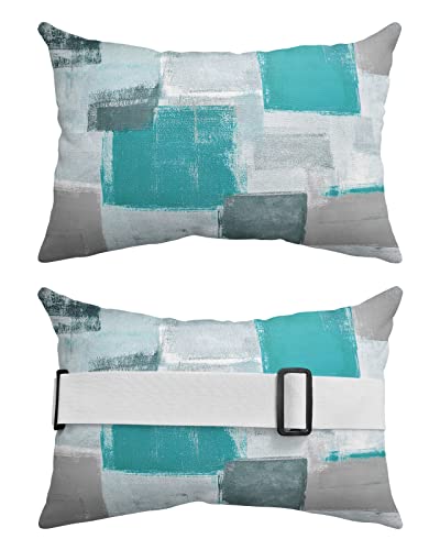 Teal Grey Outdoor Chaise Lounge Head Resting Pillows 2 Pack, Turquoise Grey Abstract Art Painting Waterproof Patio Furniture Pillow with Insert Adjustable Elastic Stripe for Recliner Beach Chairs