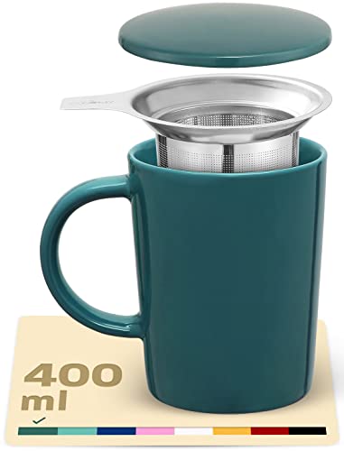 Tasse à Thé avec Infuseur et Couvercle - Céramique - Reste Chaud Longtemps - Bleu-vert 400 ml Cover