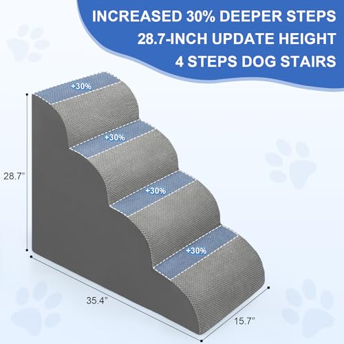 Image of Dog Stairs for Bed 28.7 inchH, 4 Extra Deeper Ramp /Steps for Small Dogs & Cats to get on High Bed or Couches, Grey