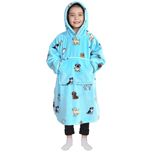 Image of Waitu Wearable Blanket for Kids, Wearable Blanket Hoodie Gifts for Teens Girls and Boys, Warm Blanket Sweatshirt for Teenage, Hoodie Blanket with Sleeves - Light Blue