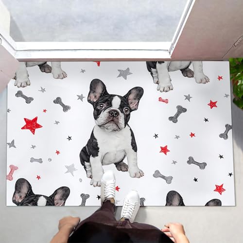 CEDNXOER Zerbino Antiscivolo di Benvenuto 40 x 60 cm, Lavabile Tappetino per Porta D'Ingresso Bulldog Francese Cane, Tema Animali Carini, Zerbino da Cucina per Ingresso Assorbente Bianco