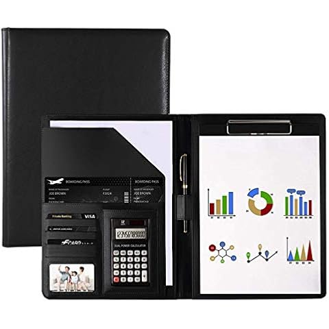 KMAKII Portfolio Folder with Calculator Faux Leather Padfolio with A4 Size Clipboard for Business Interview and Resume - Black Cover