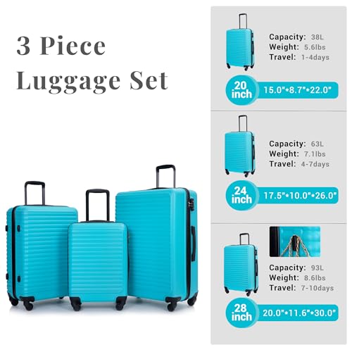 Luggage Sets 3 Piece,Suitcases with Wheels Hardshell,TSA Lock,Lightweight Travel Suitcase Sets (Turquoise-3,20/24/28inch)3