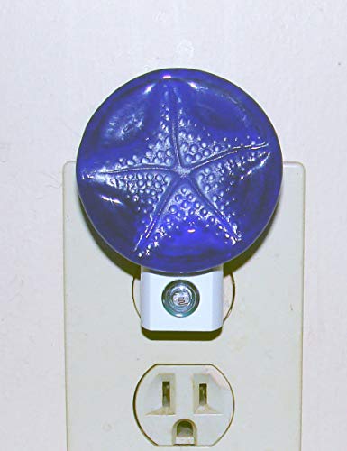 Cobalt Blue Starfish Up-Cycled Glass Bottle Bottom Handmade Beach Theme LED Night Light