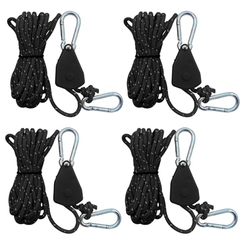 MUYAPAY 4 Pièces Tendeur Sangle a Cliquet, Corde a Cliquet Réglable Poulie Retractable, Corde de Tente Réfléchissante 4M pour Fixer Une Tente en Plein...