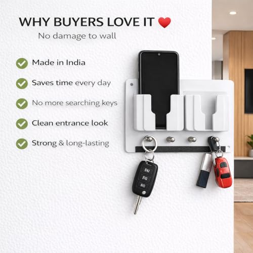 Image of Rainbow Dots Wall Mounted Key Holder with Mobile Stand | No Drilling 3M Adhesive | Phone & Key Organizer with 5 Hooks | ABS & Acrylic | for Home Entrance(2 White Mobile)