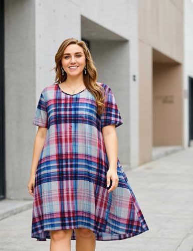 Image of OVERWORETY Womens Short Sleeve Plus Size T-Shirt Dress V Neck Casual Loose Swing A-Line Summer Tunic Dresses with Pockets