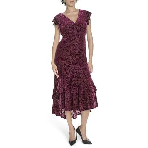 Image of Tommy Hilfiger Women's Flutter Sleeve V-Neck Ruffle Trim Hi-Lo Midi Dress